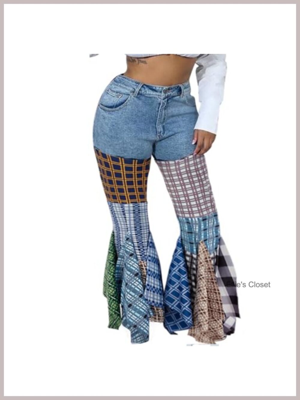 High Waist Checkered Patchwork Flare Jeans Stretch Denim Ruffle Hem